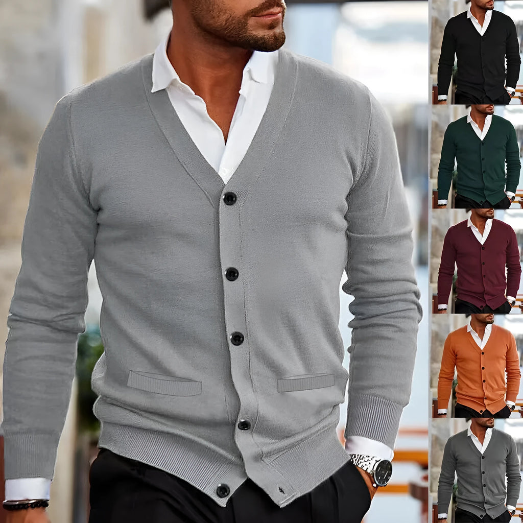 Men's slim fit acrylic cardigan sweater coat in dark gray, showing front button detail and long sleeves.