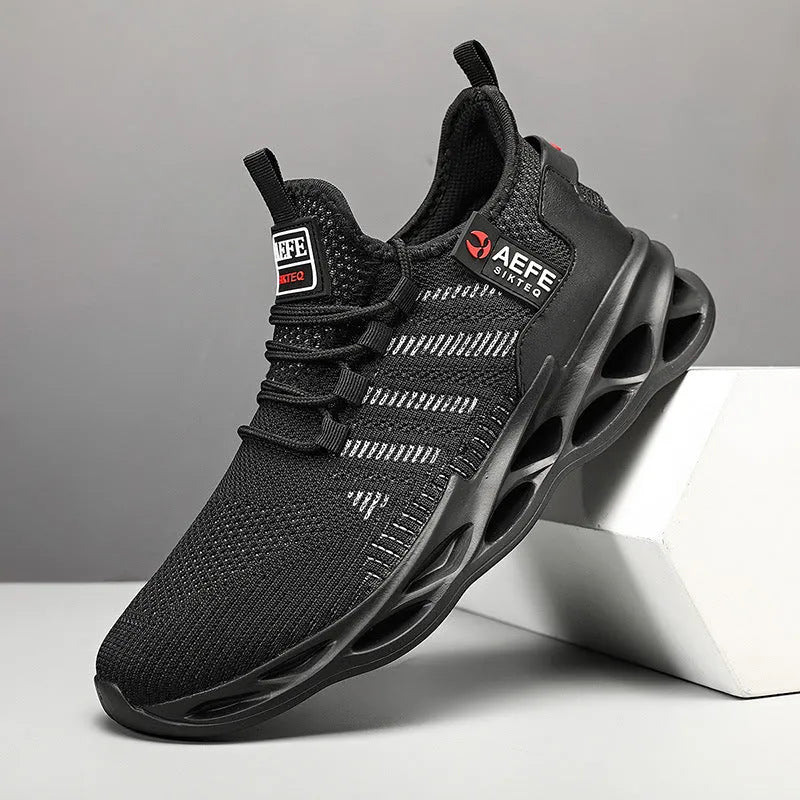 Men's black mesh running shoes with cross strap detail and MD sole in Korean casual style