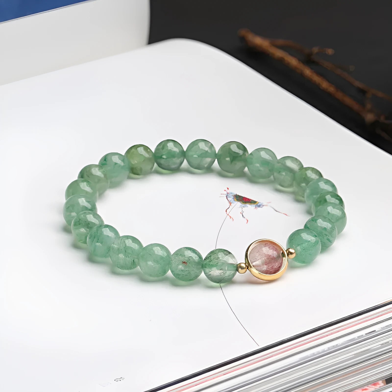 Green strawberry quartz hand-woven bracelet with 7.5mm beads and Chinese auspicious patterns