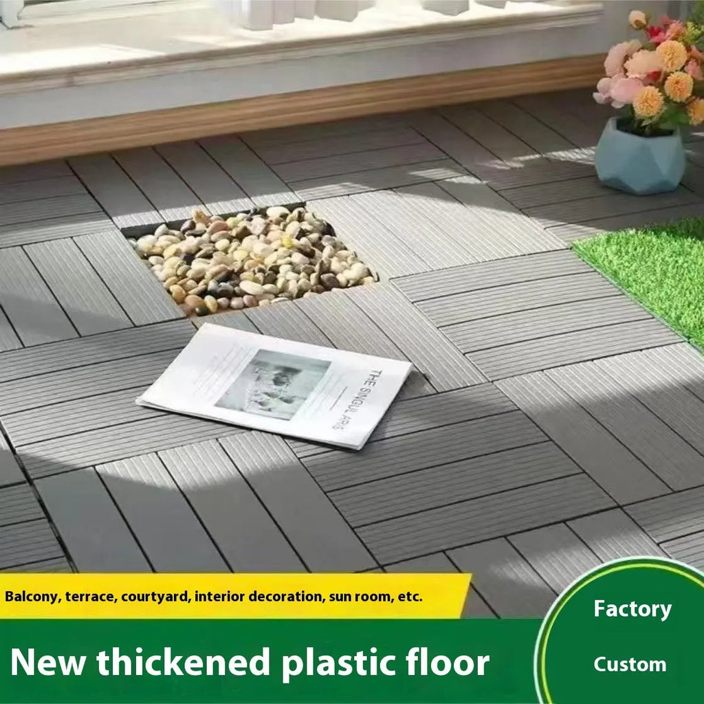 Ten wood grain style plastic floor tiles showing splicing edges and non-slip surface texture.