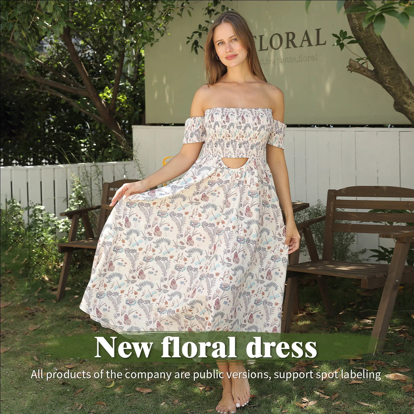 Women's off-shoulder strapless floral dress in a vibrant pattern, perfect for summer outings.