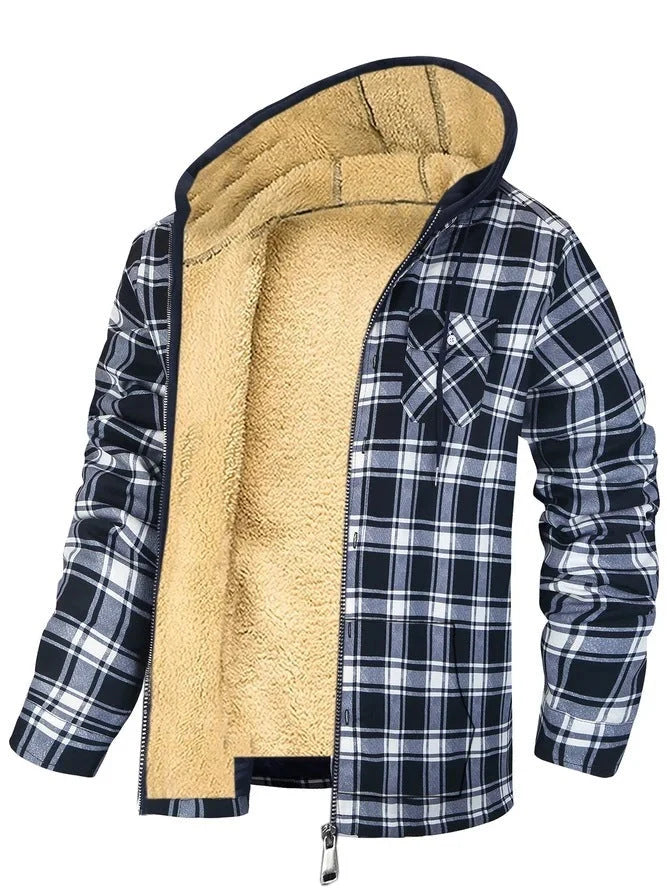 Men's plaid print hooded zip-up winter jacket with thickened cotton padding