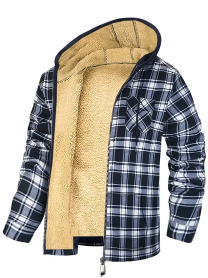 Men's plaid print hooded zip-up winter jacket with thickened cotton padding