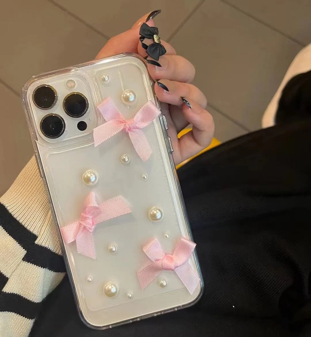 Pink transparent TPU phone case with three-dimensional pearl bow for iPhone 13 Pro Max