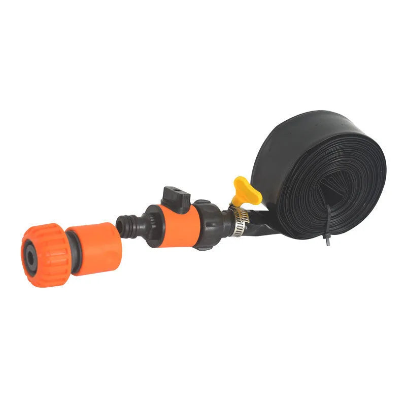 Blue portable garden sprinkler with solar panel for water cooling, showing PVC construction and length options