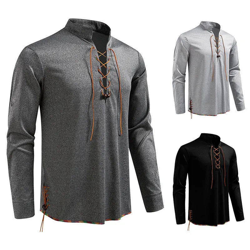 Men's drawstring stand-up collar long sleeve T-shirt in black, slim fit pullover style