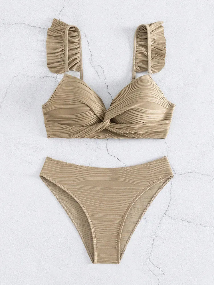 Women's solid colour bikini swimsuit set in black or khaki with two-piece design