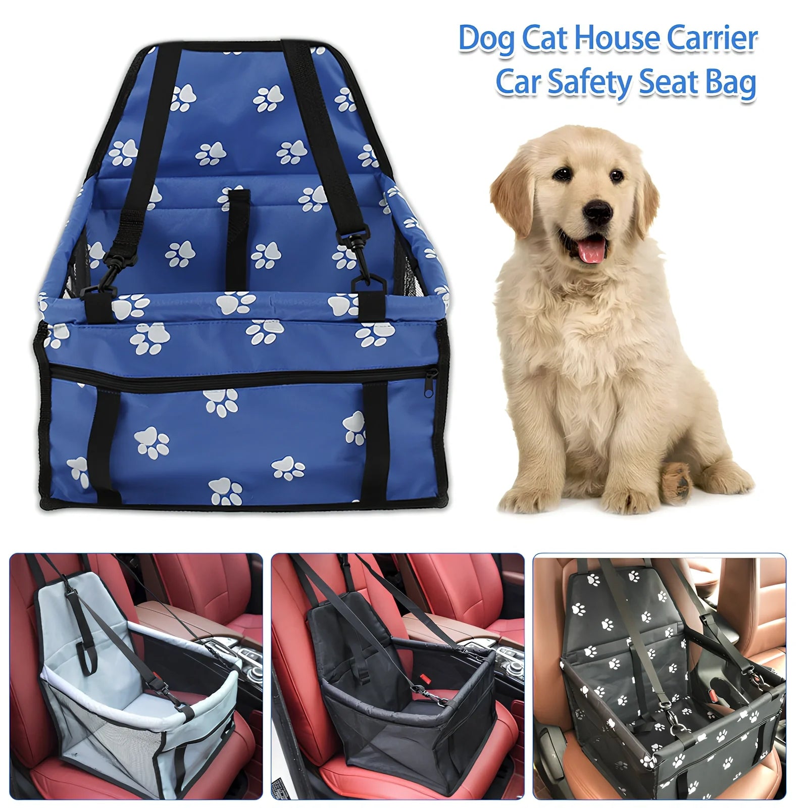 Waterproof pet car mat with headrest straps installed in vehicle, showing storage compartment and dimensions 400x300mm