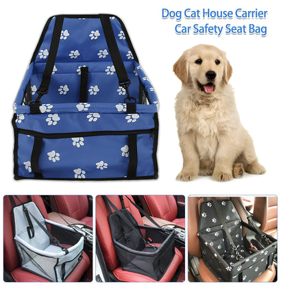 Waterproof pet car mat with headrest straps installed in vehicle, showing storage compartment and dimensions 400x300mm