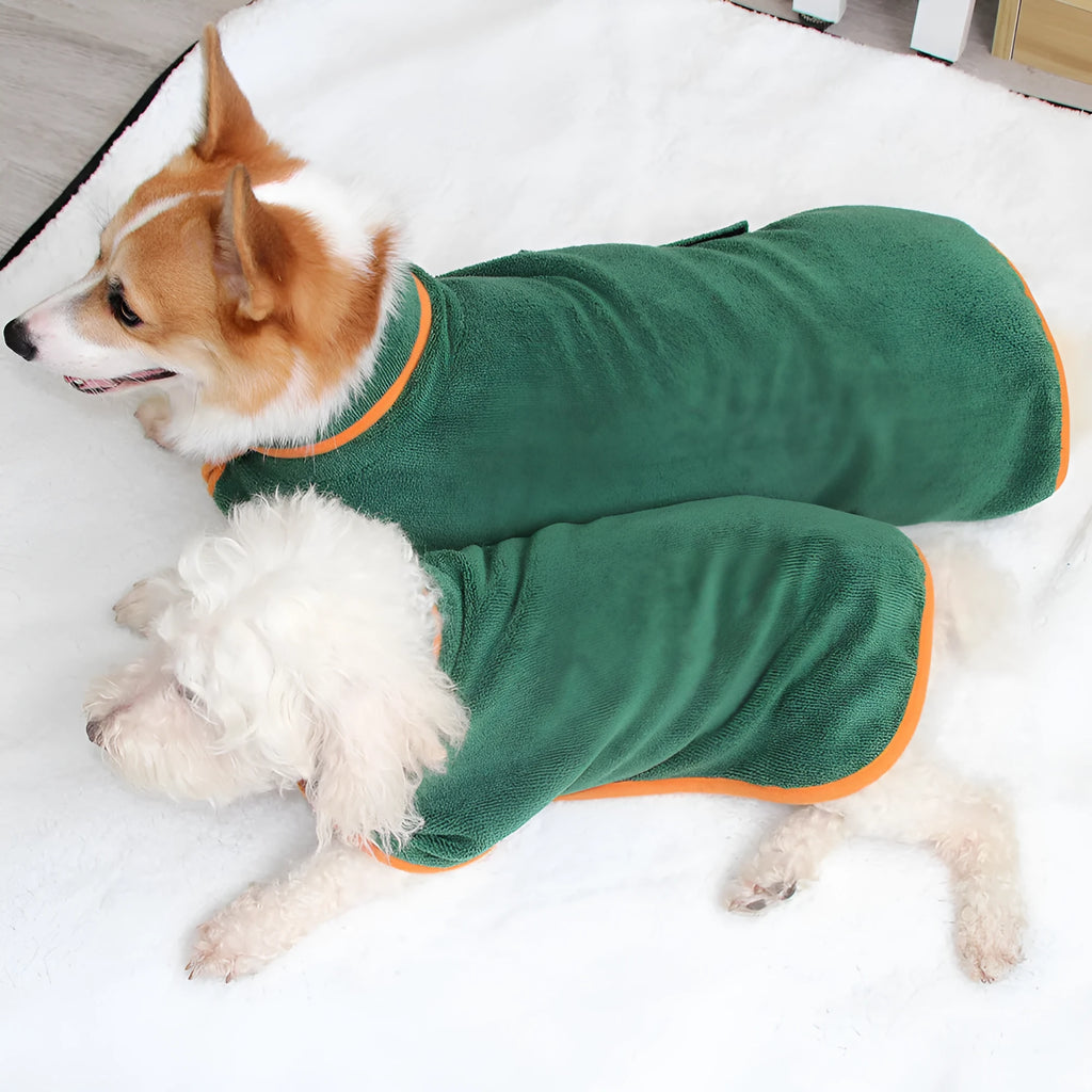 Blue dog bathrobe made of microfiber with adjustable hook and loop strap for drying after bath