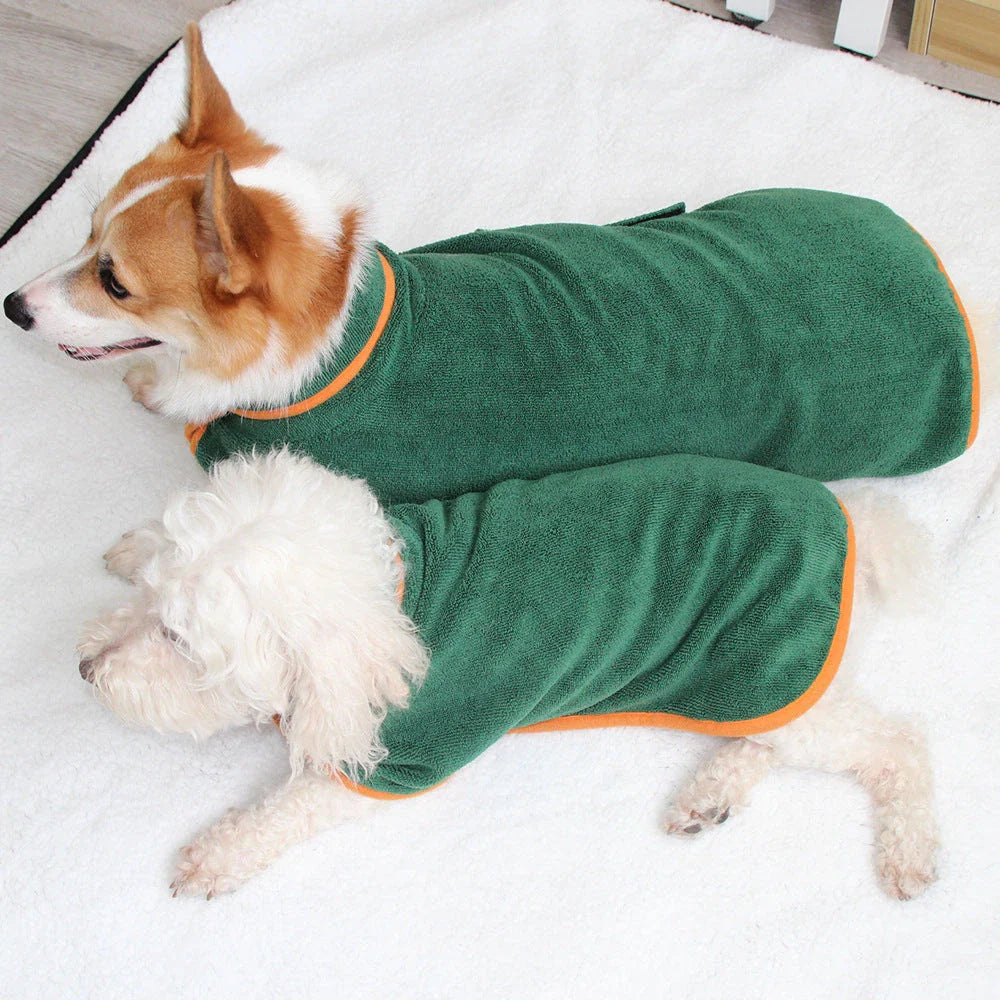 Absorbent pet bathrobe with waist-wrapped microfiber for fast drying, available in multiple colors and sizes