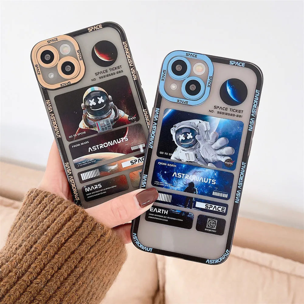 Blue-black silicone TPU iPhone case with a space astronaut graffiti print design.