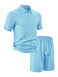 Men's summer lapel short sleeve shirt suit set with trousers in six colours, polyester fibre, sizes S to XXXL