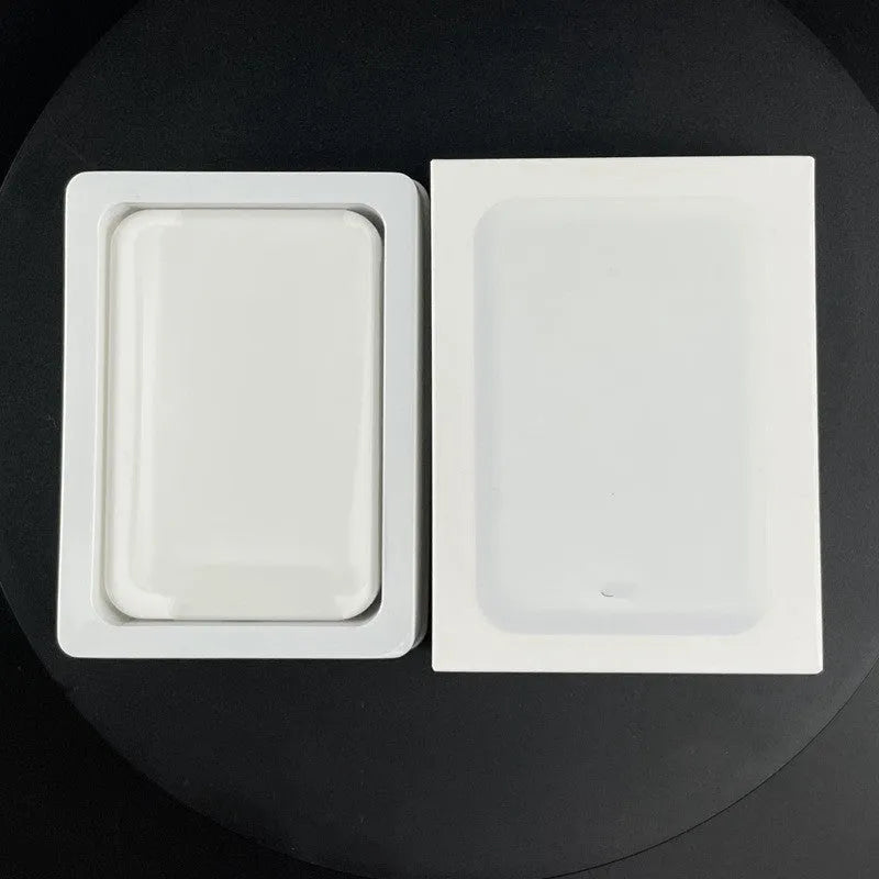 White magnetic wireless charger power bank with foot-shaped design showing dimensions