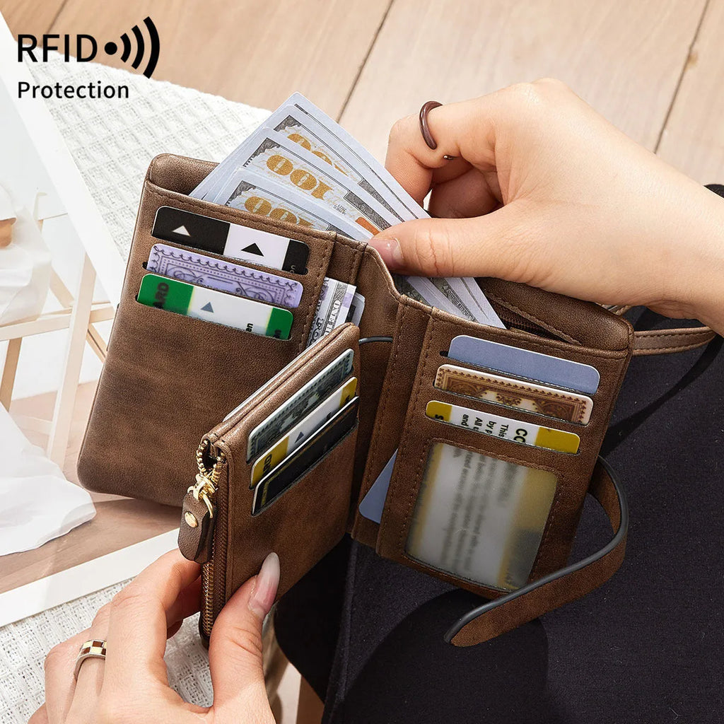 RFID blocking women's wallet in solid colour short style with soft PU material, available in multiple colours
