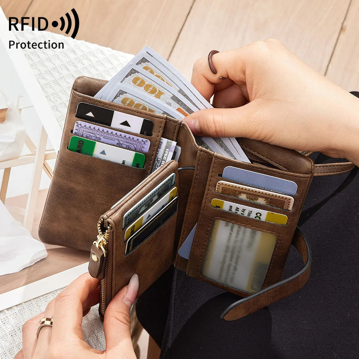 RFID blocking women's wallet in solid colour short style with soft PU material, available in multiple colours