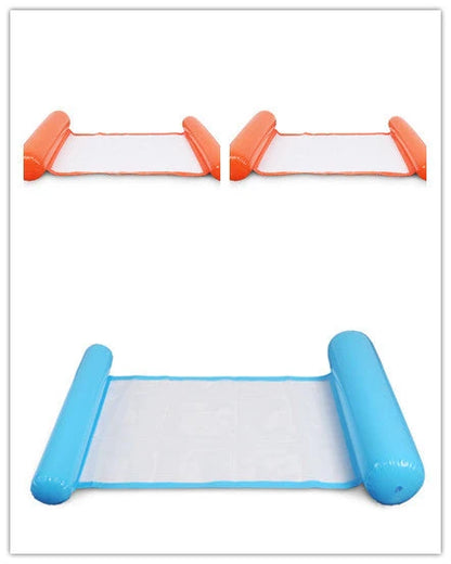 Inflatable water lounge chair in blue, floating in pool with hammock design visible