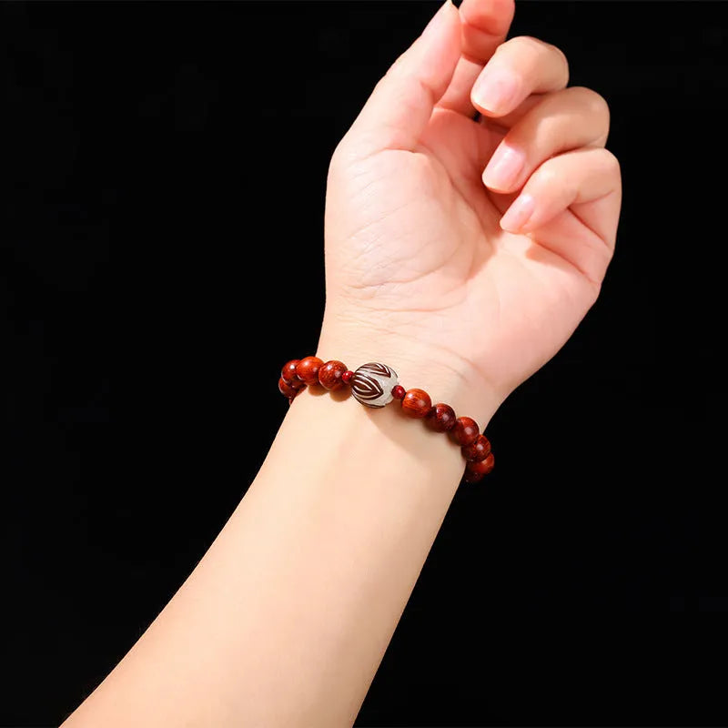 Red rosewood and gray jade women's bracelet with 8mm Bodhi Lotus charm in Chinese style geometric design
