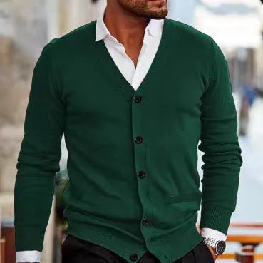 Men's slim fit acrylic cardigan sweater coat in dark gray, showing front button detail and long sleeves.