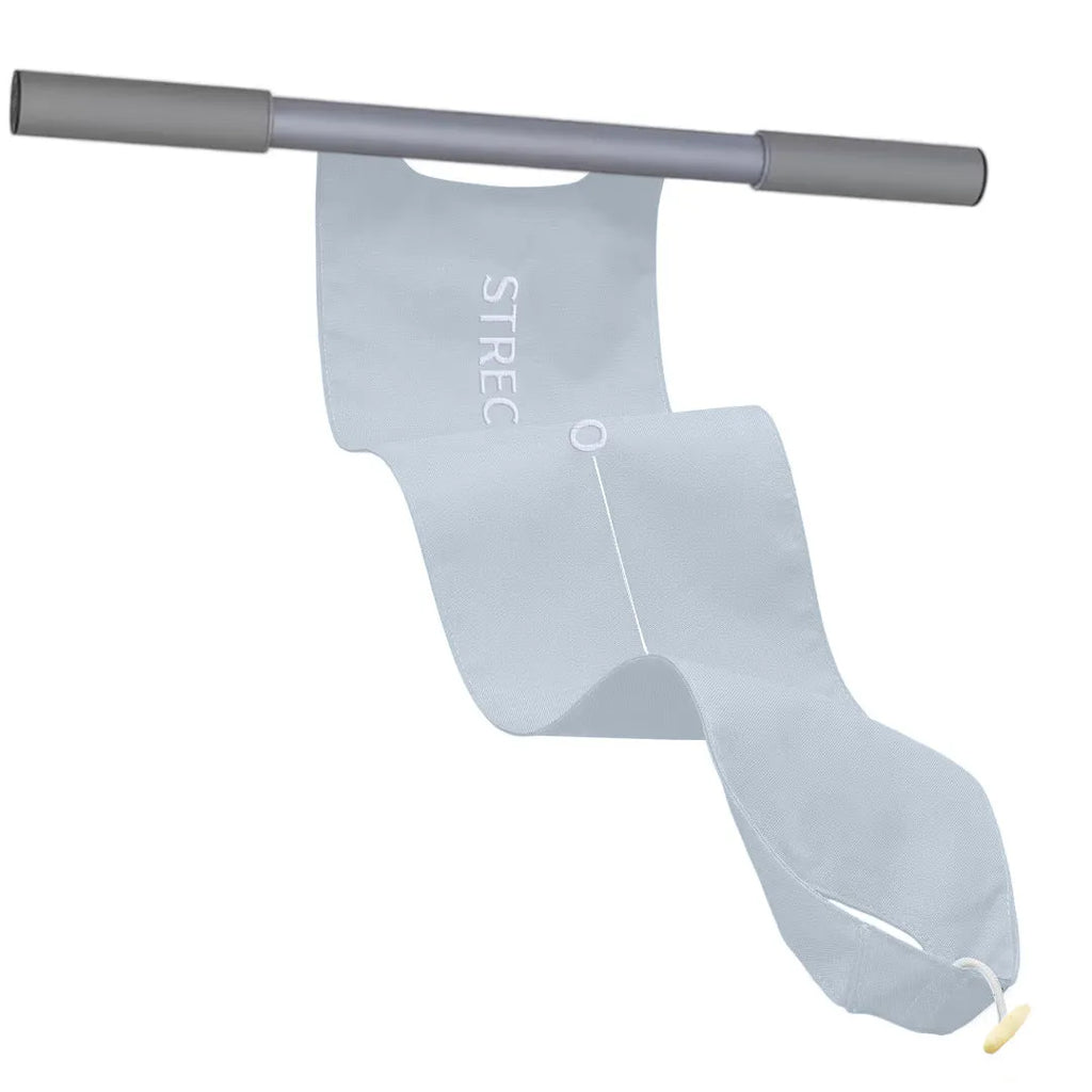 Grey and pink yoga multi-function stretching tool for shoulder, back, and hip exercises.
