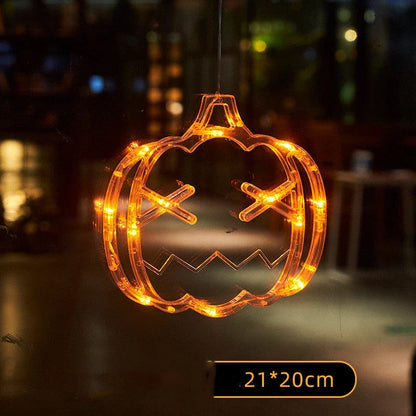 Spooky Halloween window hanging lights featuring pumpkins, spiders, and ghostly figures for a festive atmosphere