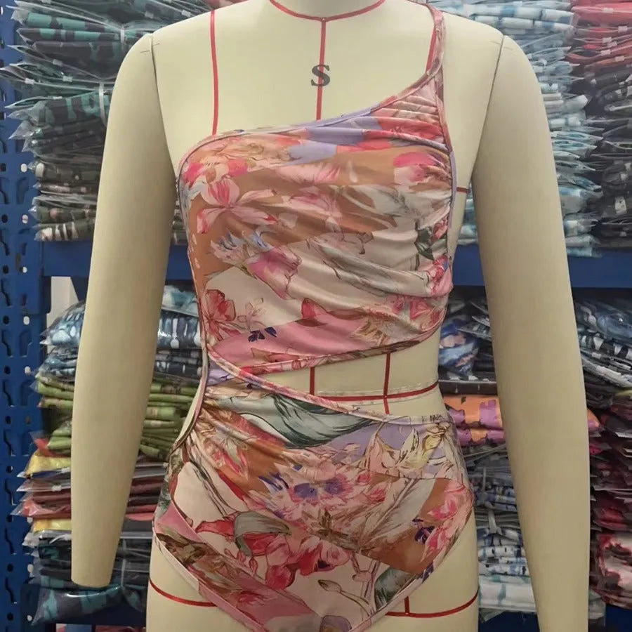 Rose gold patterned women's swimsuit for summer swimming in polyester fabric