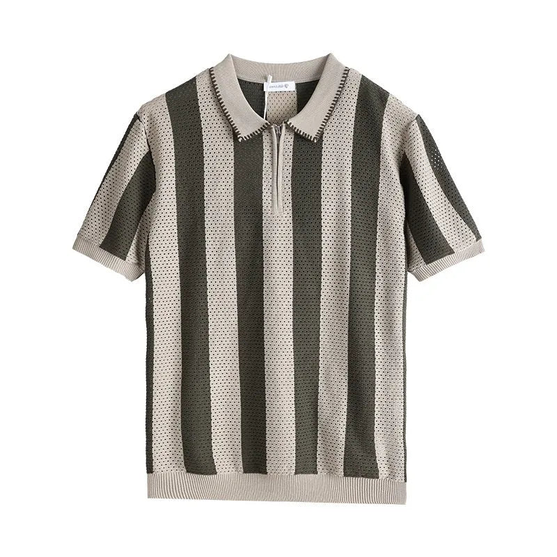 Man wearing a black and white striped short sleeve viscose sweater with a zip detail.