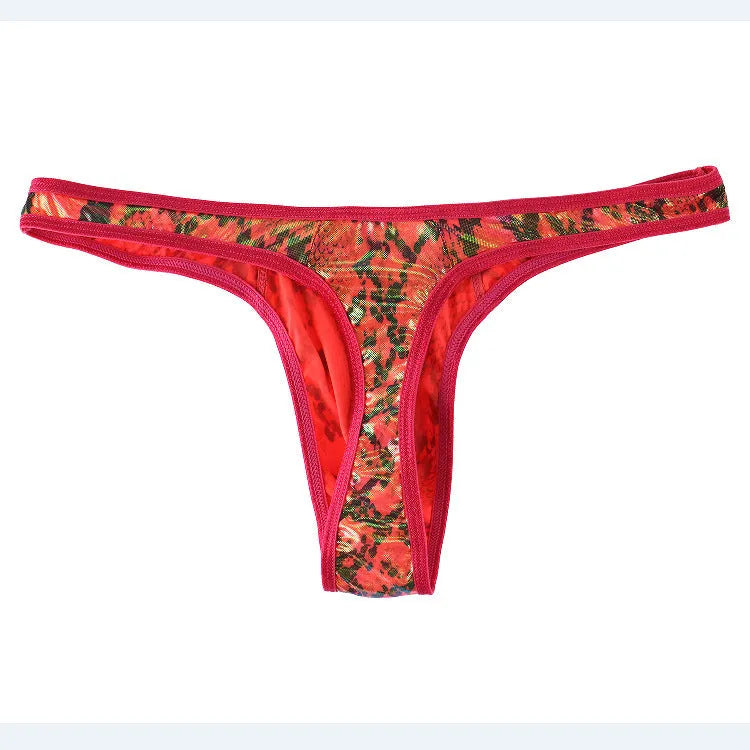 Men's camouflage snake print thong underpants in green colour showing animal pattern design