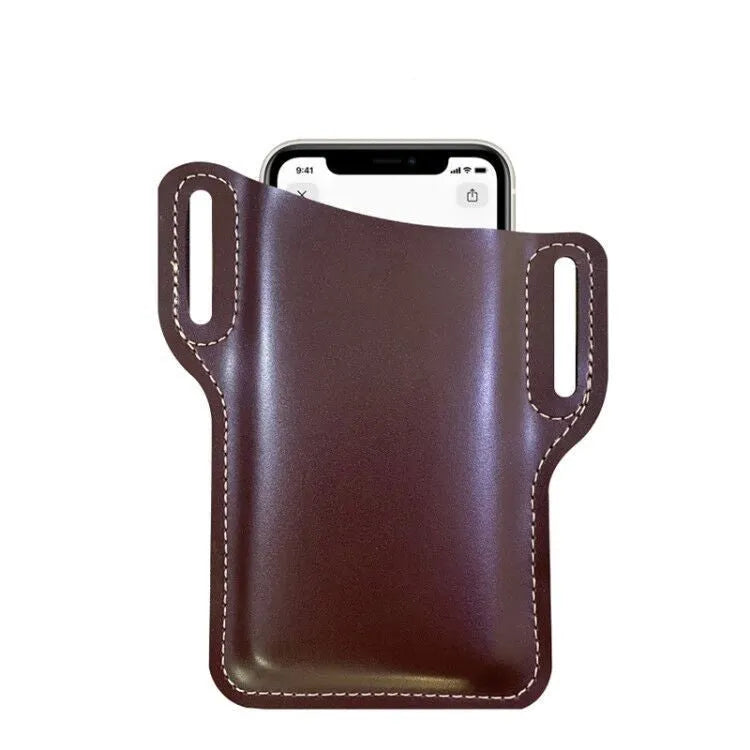 Men's PU belt waist bag square vertical shape in Black for outdoor hands-free phone carry