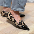 Women's pointed leopard print shallow mouth pumps with low heel, brown colour, on display
