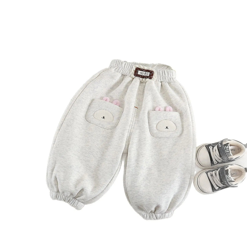Girls cotton autumn winter trousers Korean style cartoon cute gray or pink for 80-120cm height