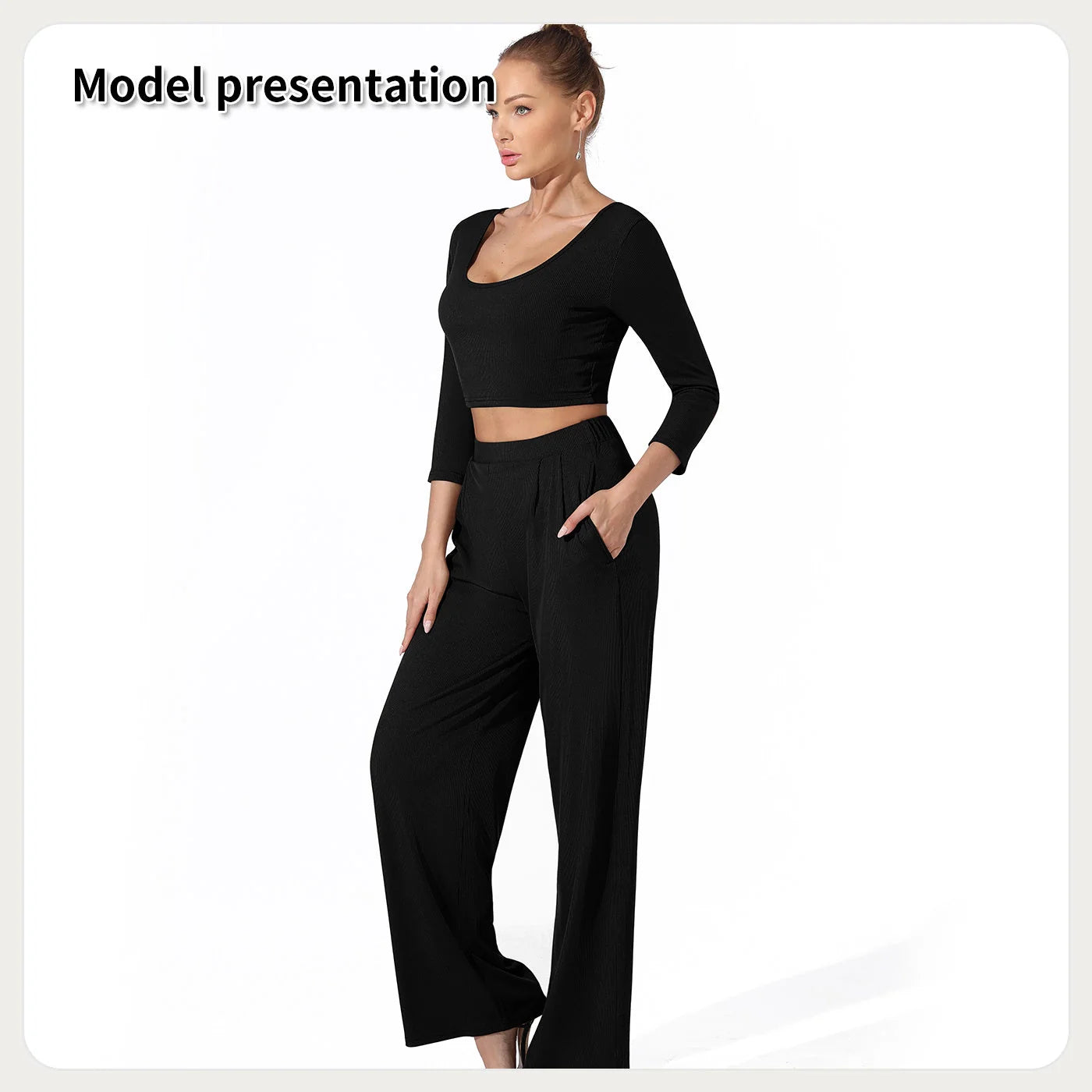 Women's solid colour top and pants set in black or coffee, perfect for versatile styling.