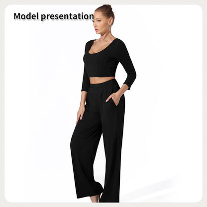 Women's solid colour top and pants set in black or coffee, perfect for versatile styling.