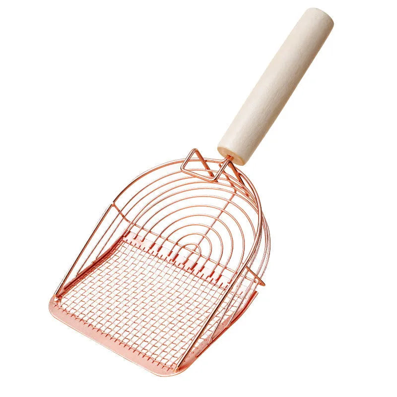 Stainless steel cat litter scoop with a long wooden handle in one of three styles: arc, linear, or square.