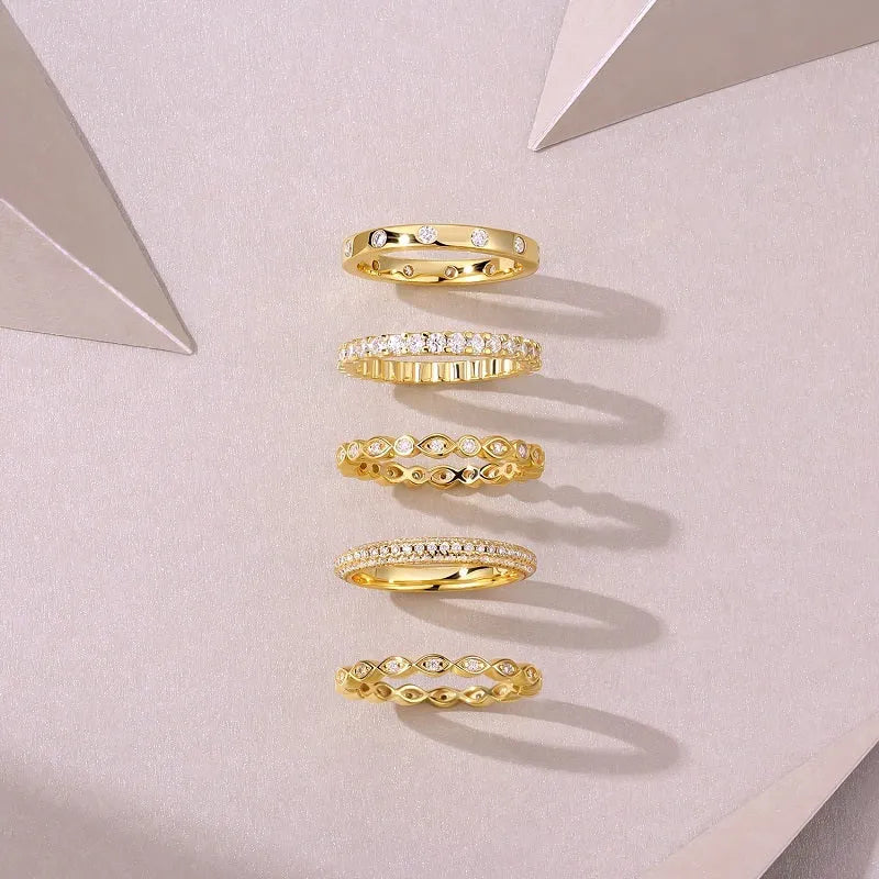 Gold-plated moissanite wedding ring set on white background with gift box, sizes 5-9, GRA certificate