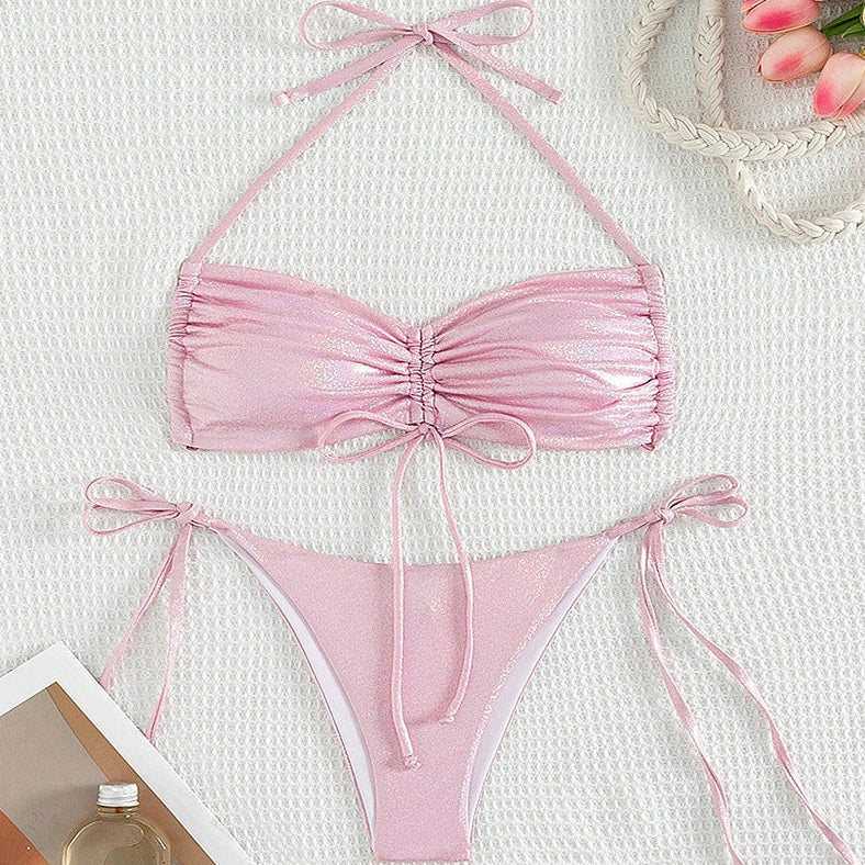 Pink women's reflective bikini swimsuit with adjustable drawstring straps for enhanced water visibility