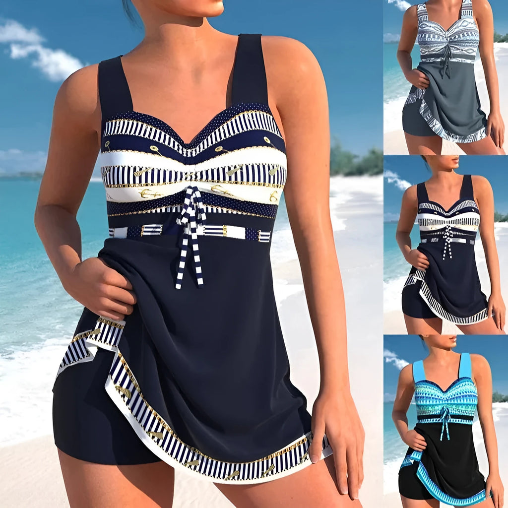Plus size woman modelling a blue split skirt bikini swimsuit with backless design.