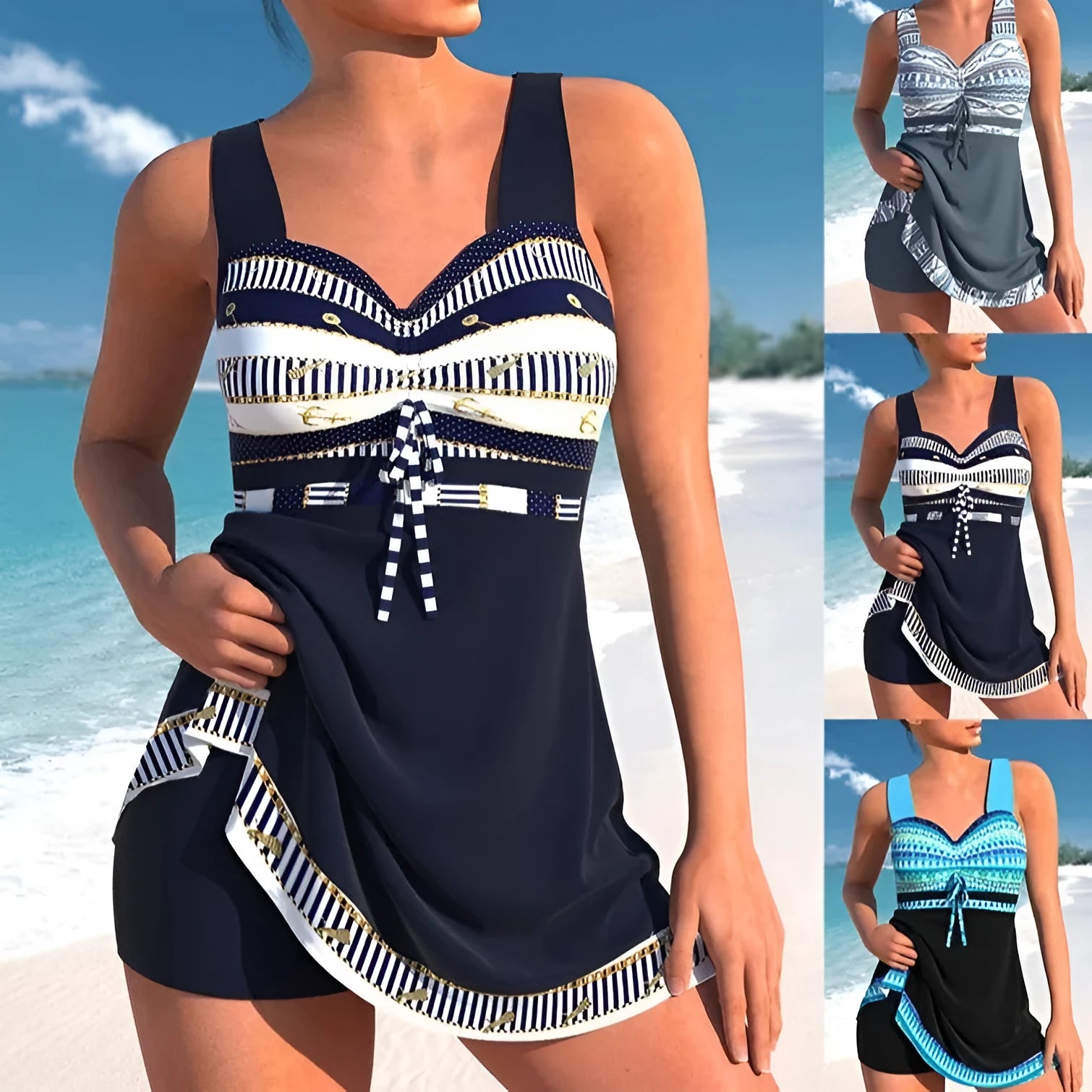 Plus size woman modelling a blue split skirt bikini swimsuit with backless design.