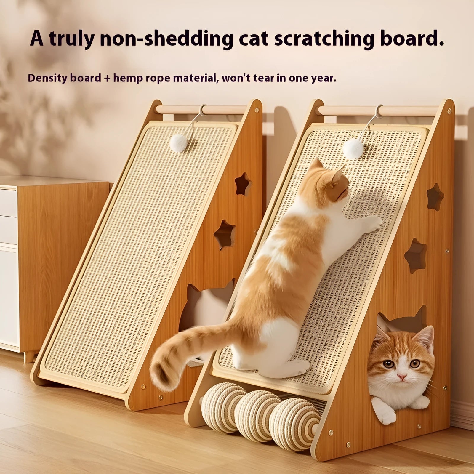 Vertical wall-mounted cat scratch board with sisal surface and a hemp rope teasing ball.
