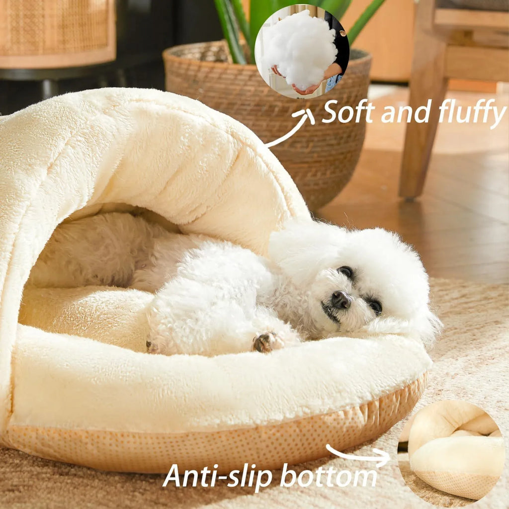 Slipper-shaped pet bed for cats and dogs with corduroy exterior and self-warming material