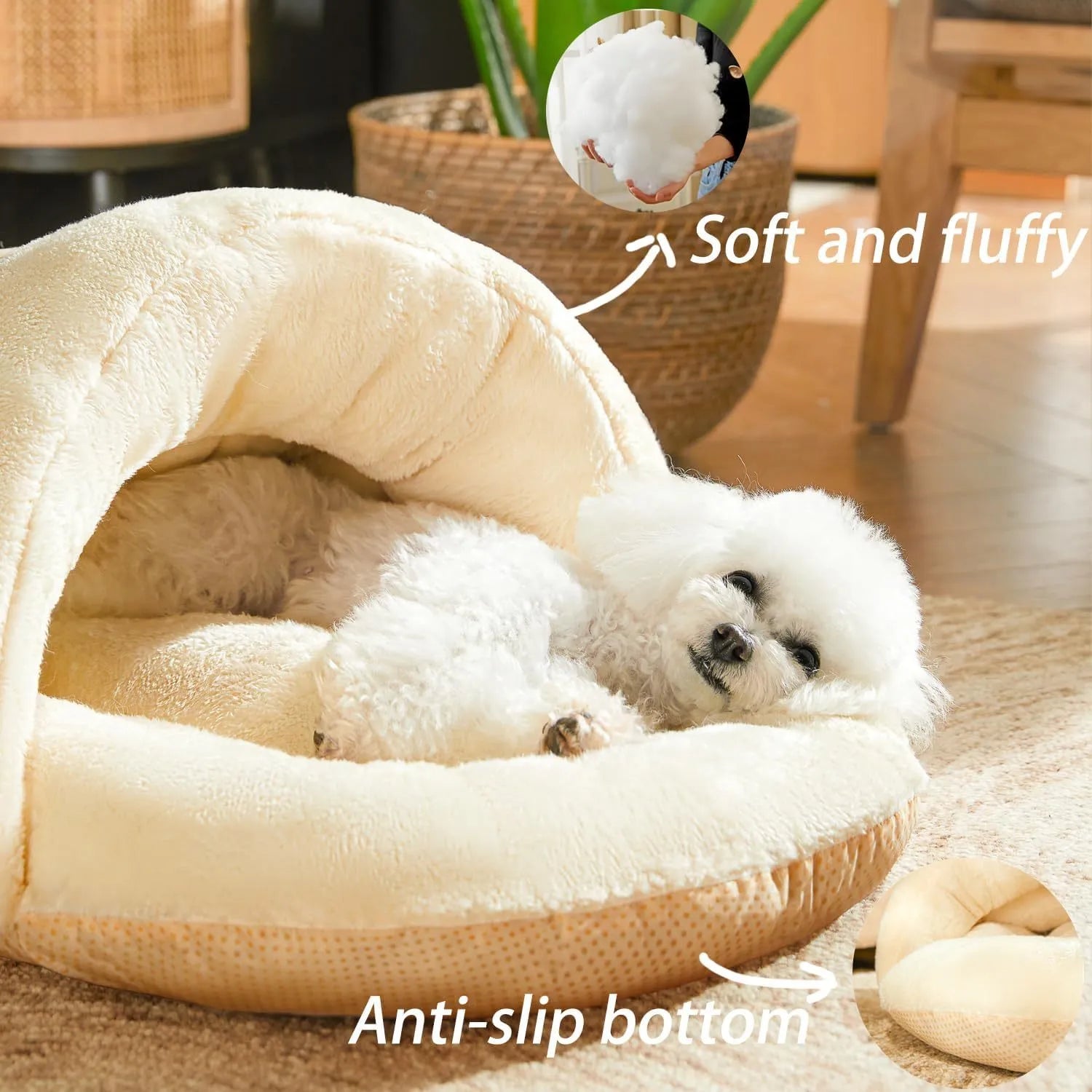 Slipper-shaped pet bed for cats and dogs with corduroy exterior and self-warming material
