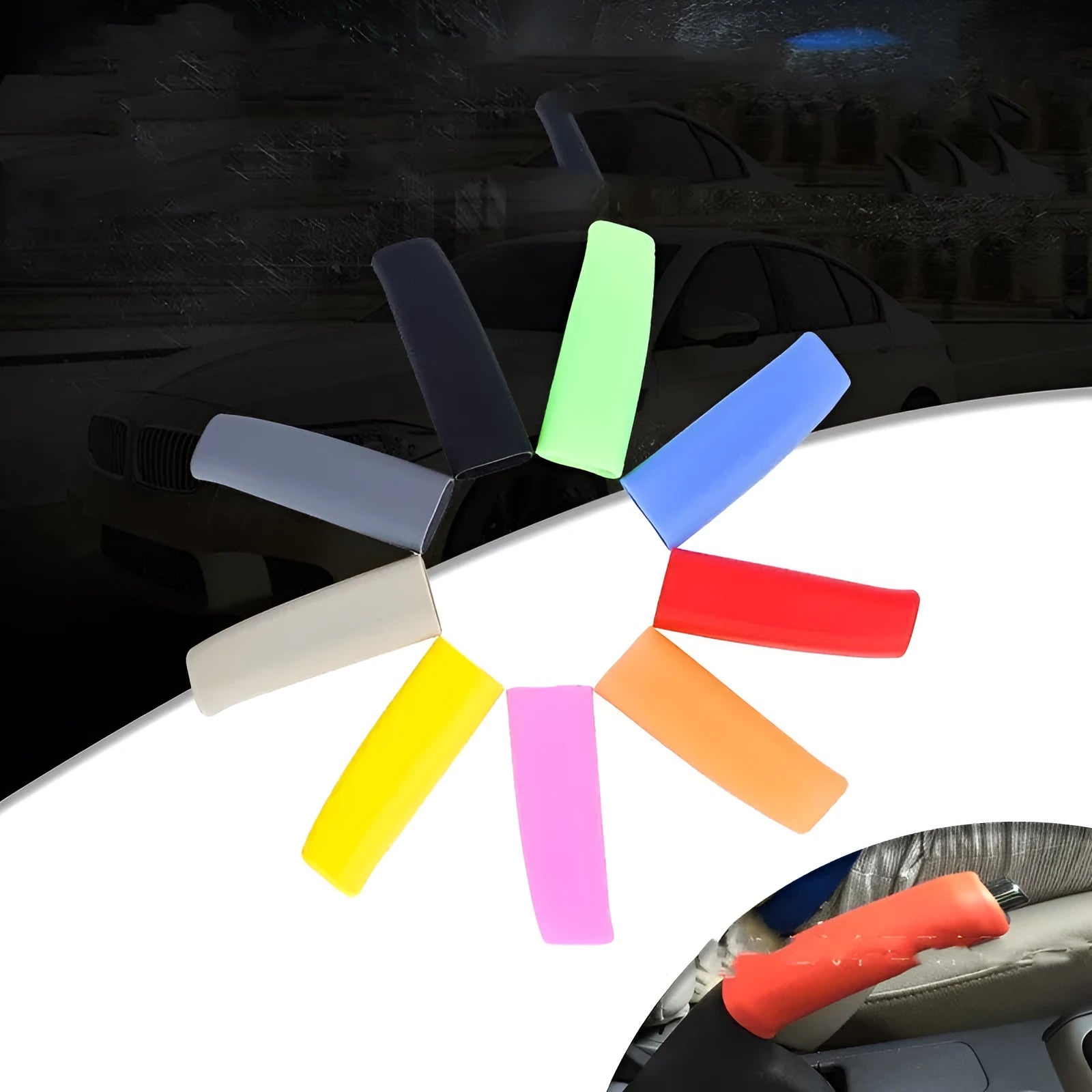 Universal silicone car handbrake sleeve shown in black, grey, beige, red, and blue colours.