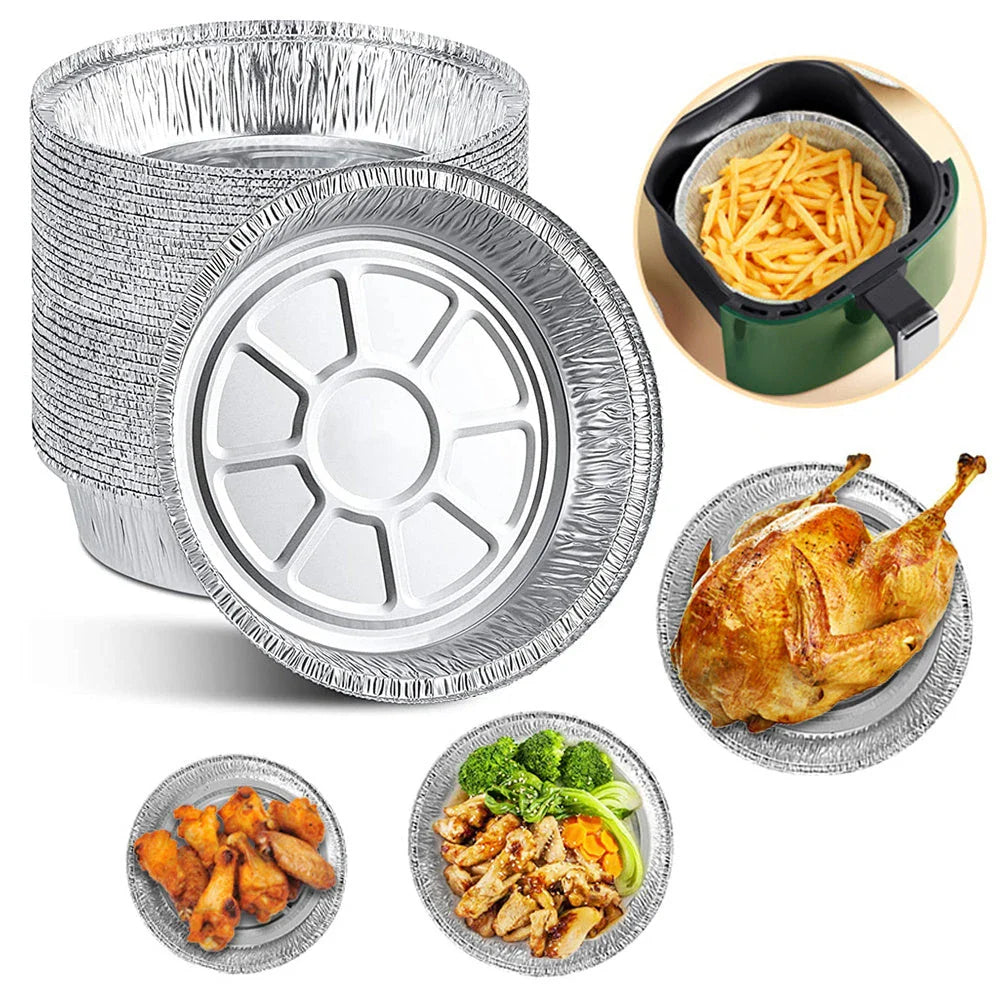 Premium disposable aluminum foil liners in various sizes, ideal for air fryers, ovens, and other cookware