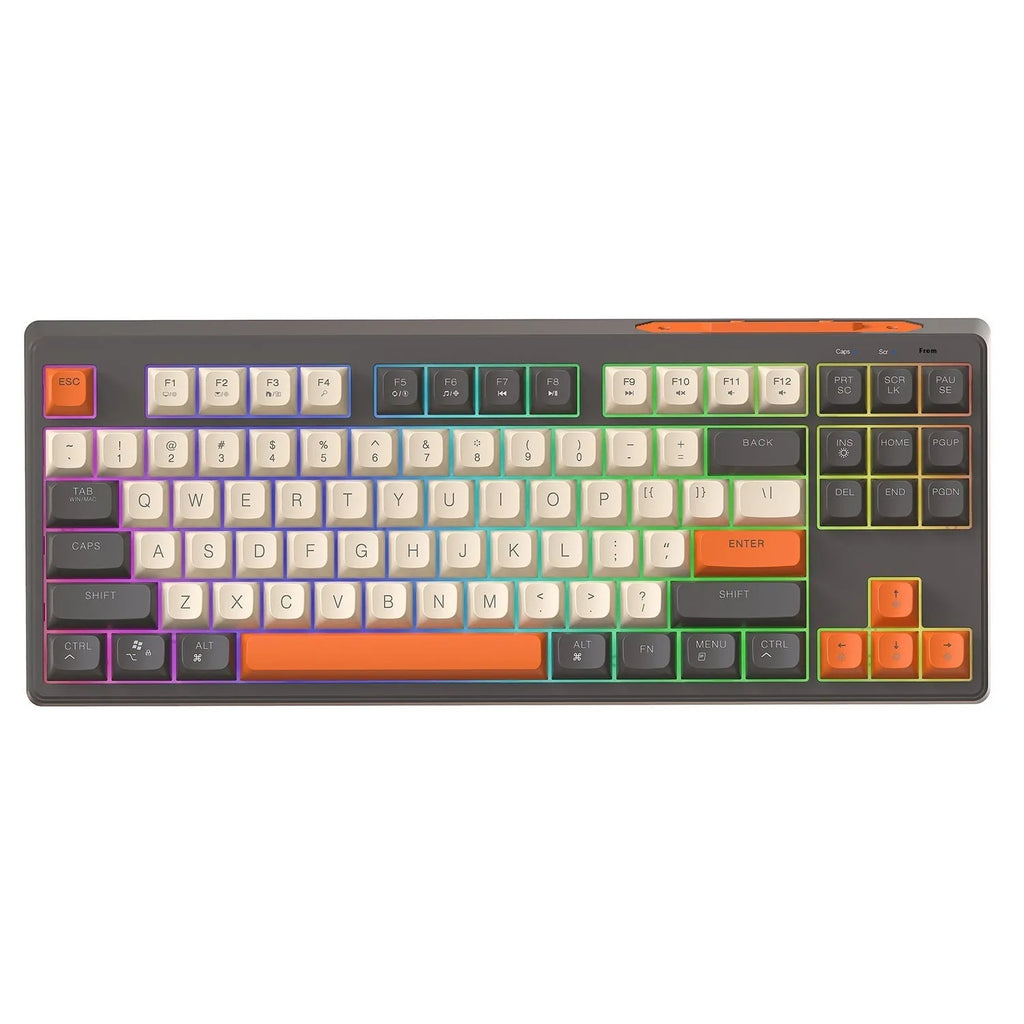 Free Wolf M87 wireless Bluetooth dual-mode keyboard shown in one of four colour options: blueberry, cheese, coffee, or shimmer.