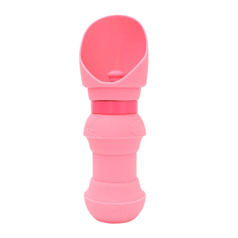 Silicone folding pet water cup shown in pink, collapsed for storage and opened for use