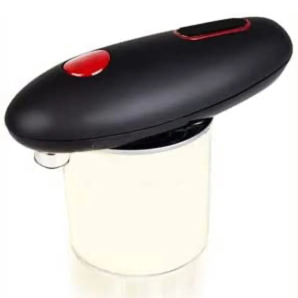 Black plastic electric can opener with battery compartment for portable kitchen use