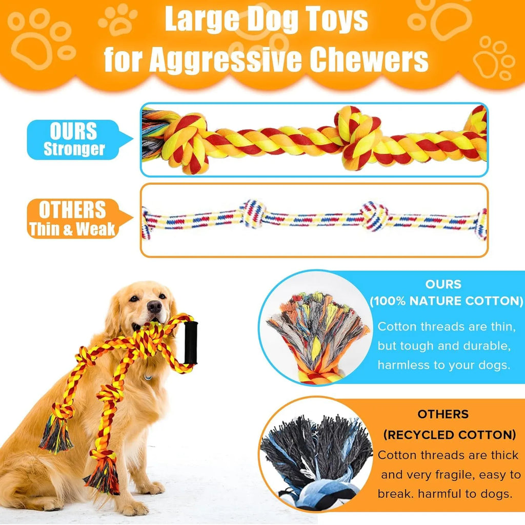 Blue and yellow heavy-duty cotton dog rope toy with a sturdy handle for tug-of-war with large breeds.