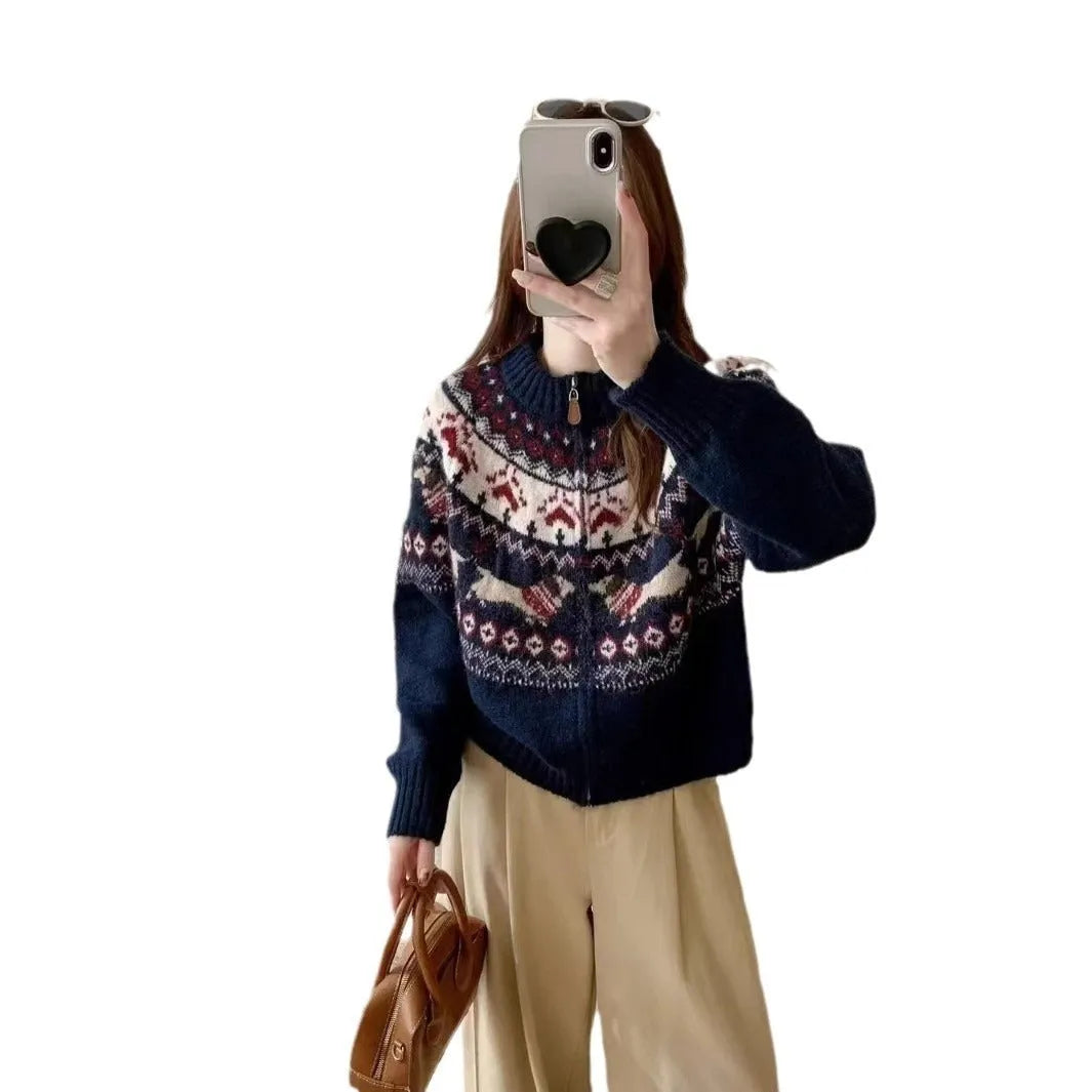 Ethnic Jacquard pattern pullover sweater with 3D effect in loose fit.