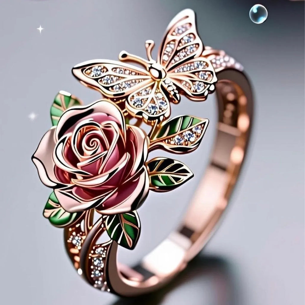 Adjustable alloy fairy style ring with butterfly design and colourful oil drip finish