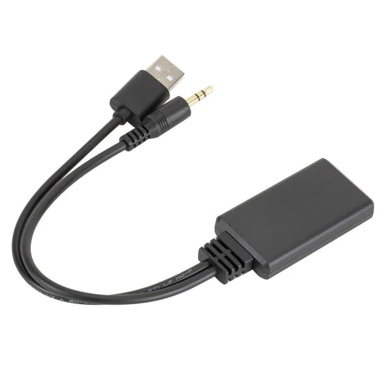 Black car Bluetooth audio receiver with AUX cable and USB port for wireless music streaming